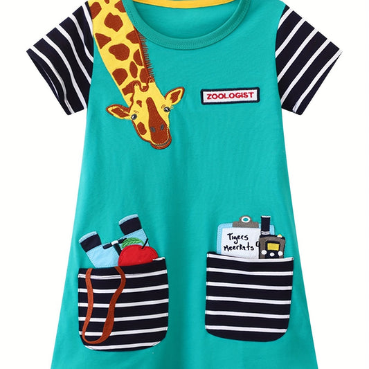 Baby Girls Striped Giraffe Embroidery Dress for Summer