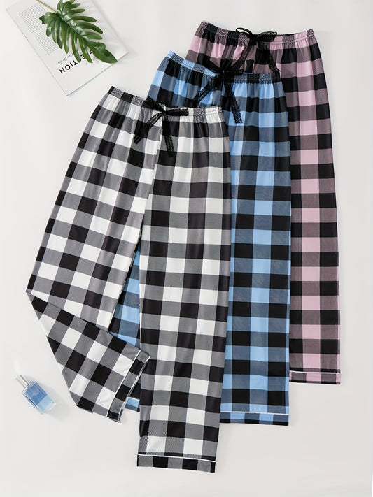 Plaid Lounge Pants Elastic Waist Bow Pants Womens Loungewear
