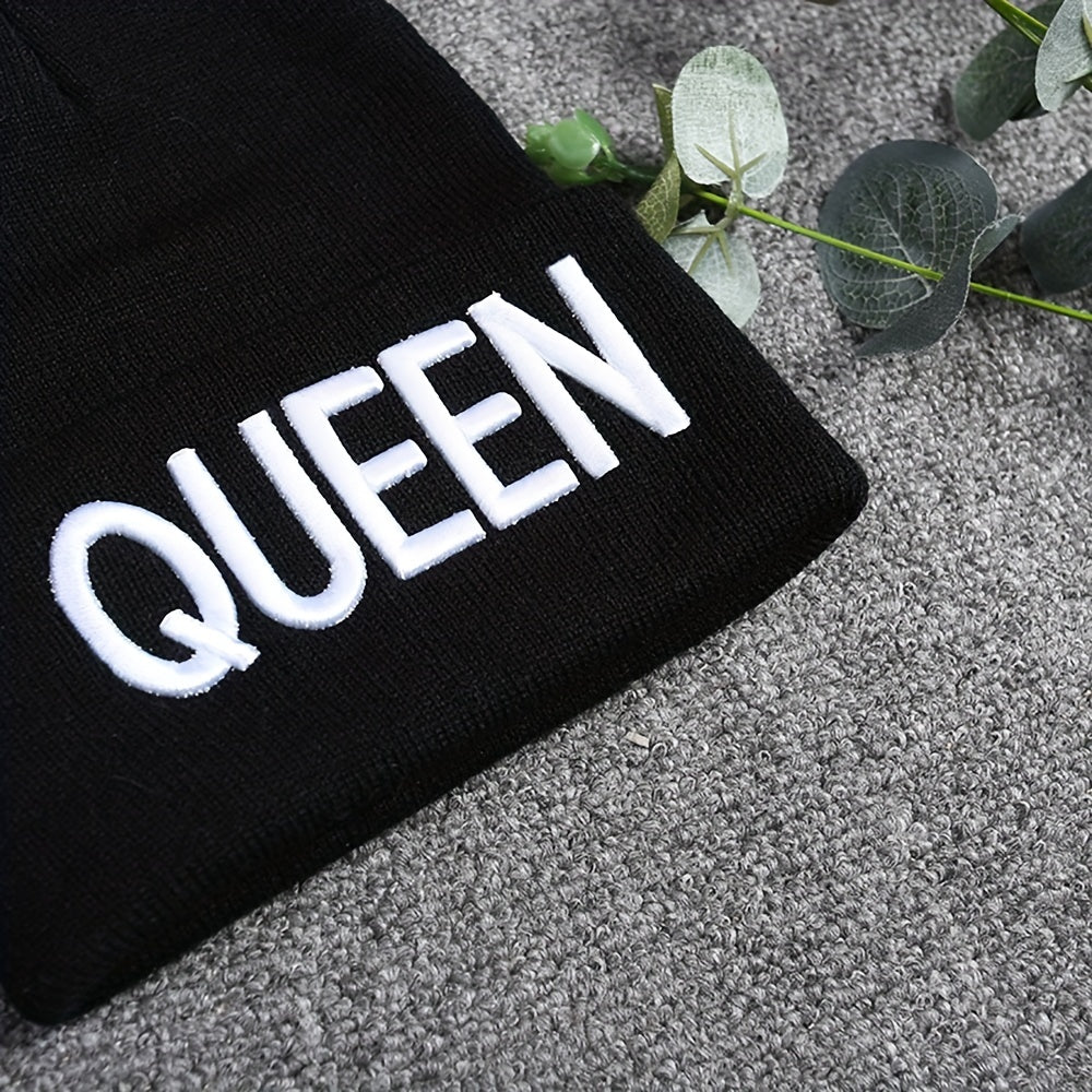 KING QUEEN Embroidery Beanie Solid Couple Knit Hat Elastic Skull Cap