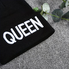 KING QUEEN Embroidery Beanie Solid Couple Knit Hat Elastic Skull Cap