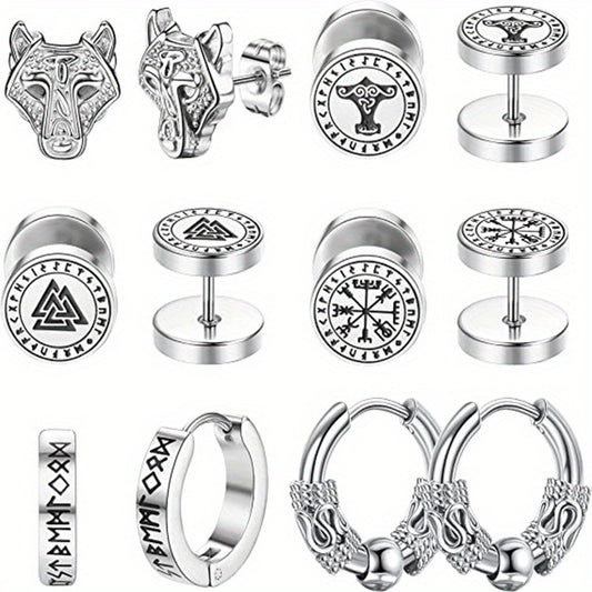 6 Pairs Stainless Steel Viking Hoop Earrings for Men