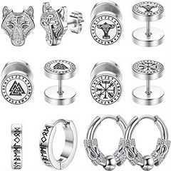 6 Pairs Stainless Steel Viking Hoop Earrings for Men