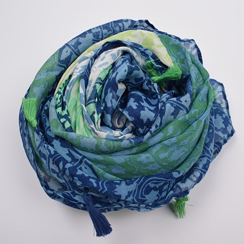 Women Floral Tassel Scarf Printed Hijab Shawl Lightweight Scarf