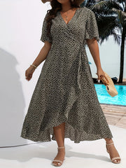  Polka Dot Print Flutter Sleeve Maxi Wrap Dress