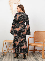 Graphic Print Bell Sleeve Belted Maxi Dress Plus Size