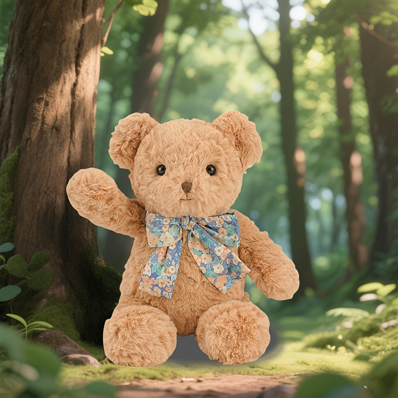 Fluffy Light Brown Teddy Bear Plush Toy with Floral Scarf