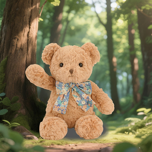 Fluffy Light Brown Teddy Bear Plush Toy with Floral Scarf