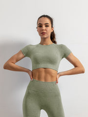 Solid Crew Neck Yoga Crop Top Short Sleeve Slimming Workout Top
