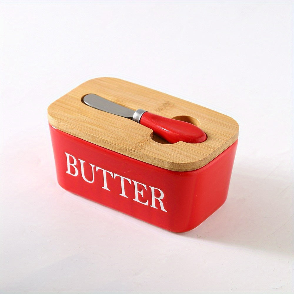Ceramic Butter Dish with Bamboo Lid and Butter Keeper Container