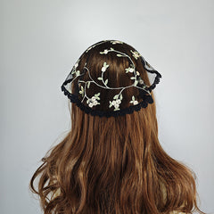 Embroidered Lace Bridal Short Layered Round Veil Headscarf Church Hat