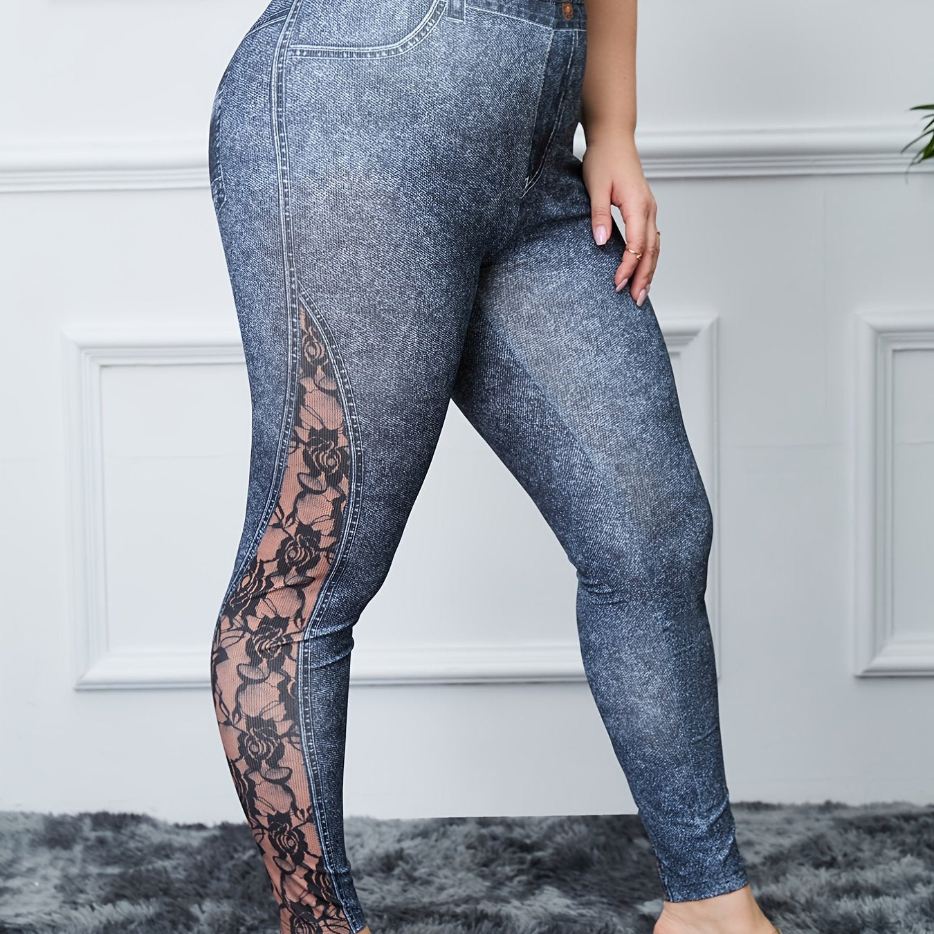  Lace Flower & Denim Print High Rise Skinny Leggings Women's Plus