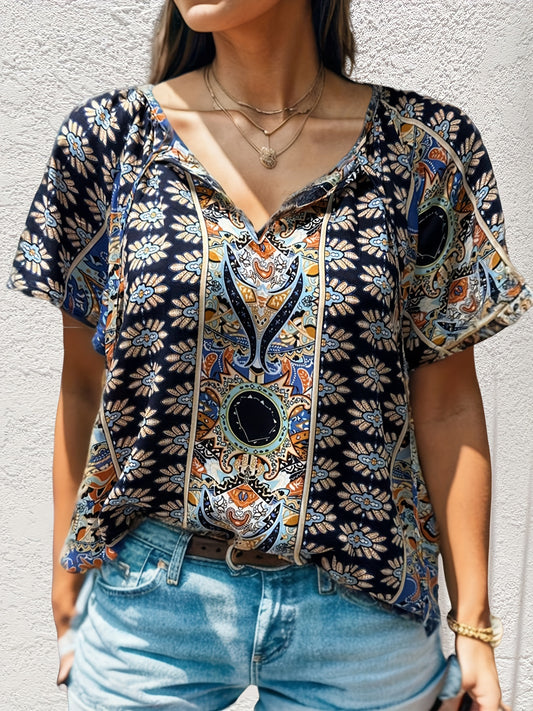  Women's Boho Floral Print Short Sleeve Blouse