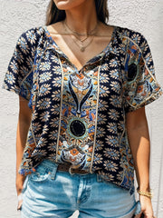  Women's Boho Floral Print Short Sleeve Blouse