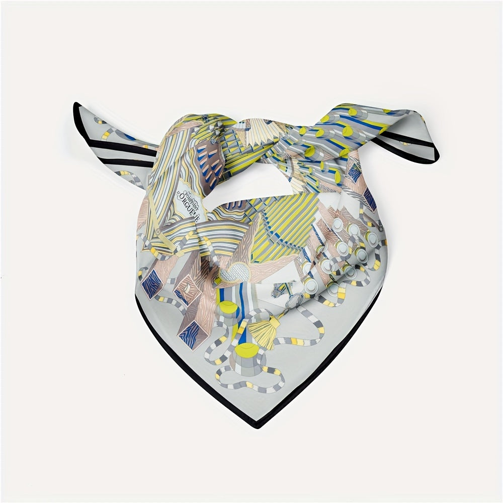Boho Geometric Print Bandana Vintage Gray Silk Head Wrap Neckerchief