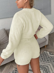 Cozy Fuzzy Pajama Set Crew Neck Top & Shorts