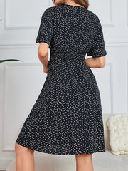 Heart Print Shirred Waist Dress Crew Neck Short Sleeve Dress