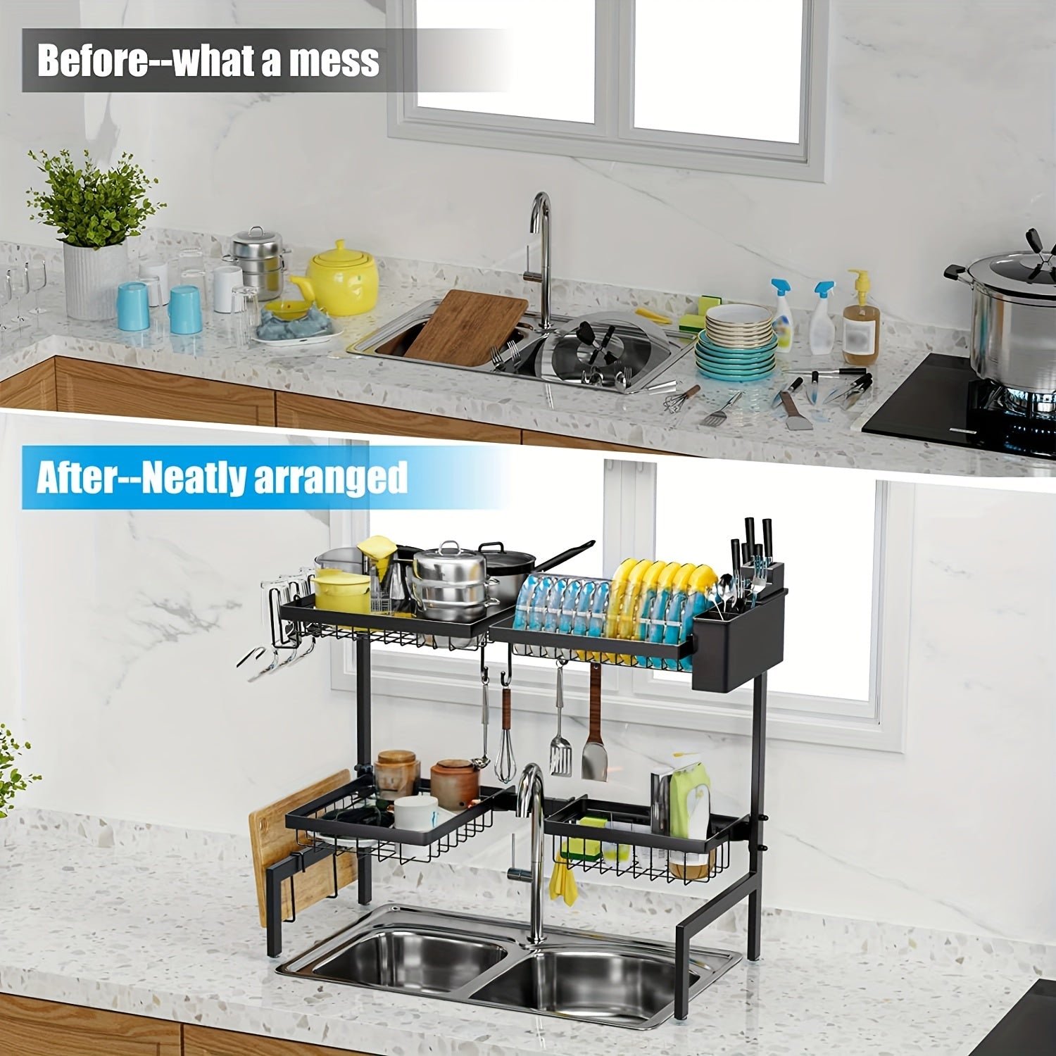2-tier Tableware & Seasoning Rack for Kitchen, Sink Drying Rack Countertop