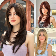 Long Straight Layered Wig with Bangs Middle Parting Brown Hair