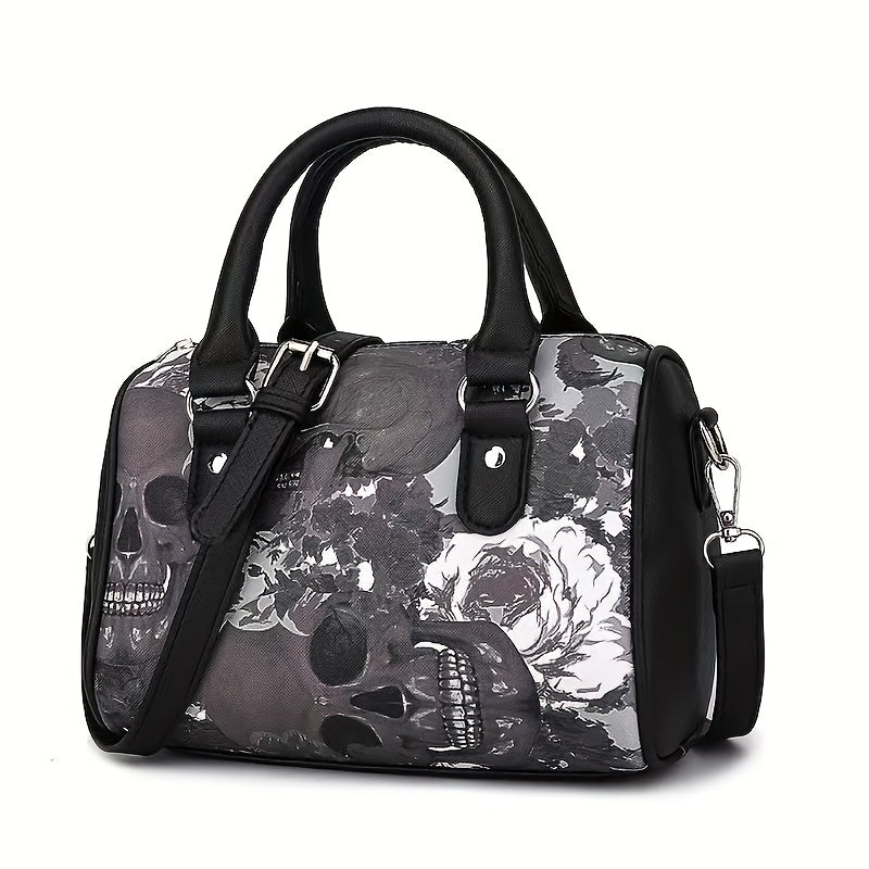 Gothic Skeleton Skull Print Handbags PU Leather Boston Bag