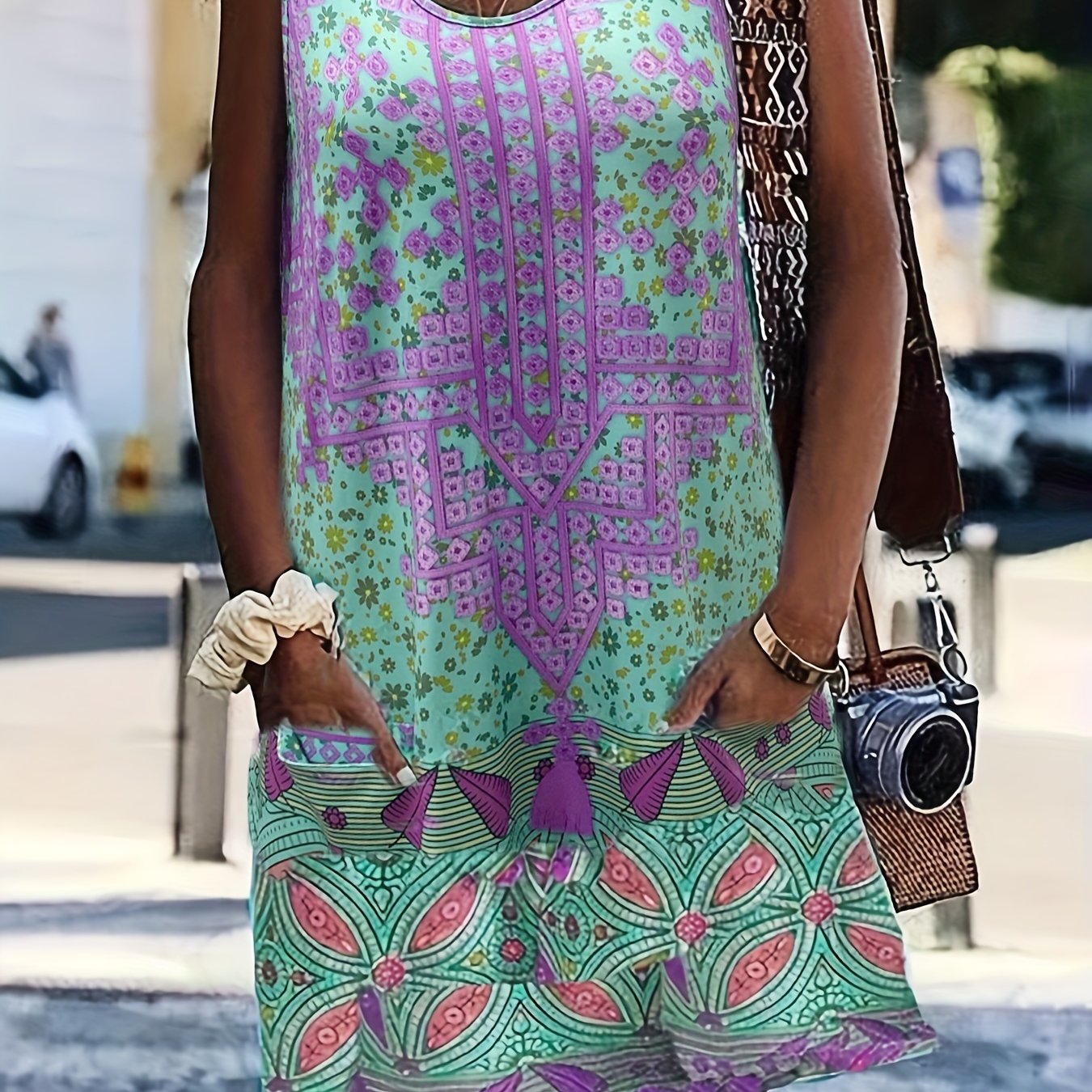 Floral Print Boho Tank Dress with Pockets