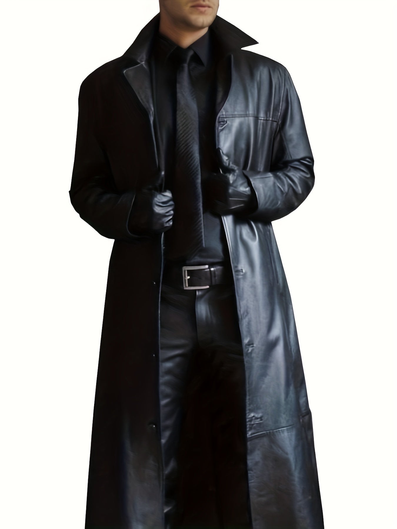 Men's Pu Overcoat Casual Lapel Stretch Button Up Faux Leather Long Coat