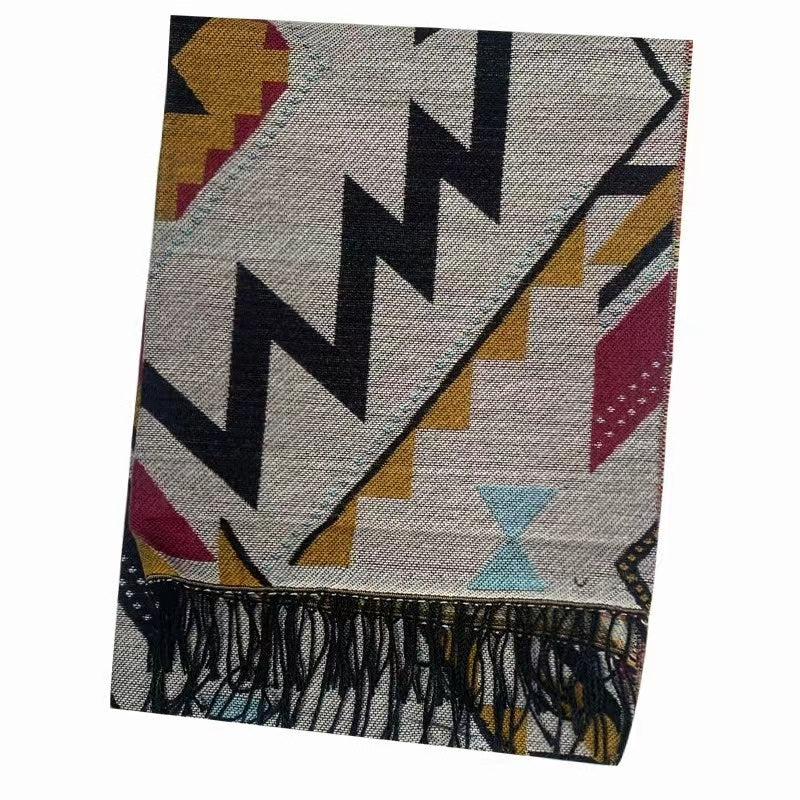 Boho Tassel Warm Scarf Geometric Print Thickened Windproof Large Shawl