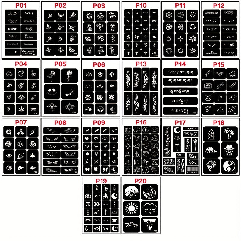 20 Sheets Tattoo Stencil Kit Reusable Airbrush Temporary Tattoos Stencils