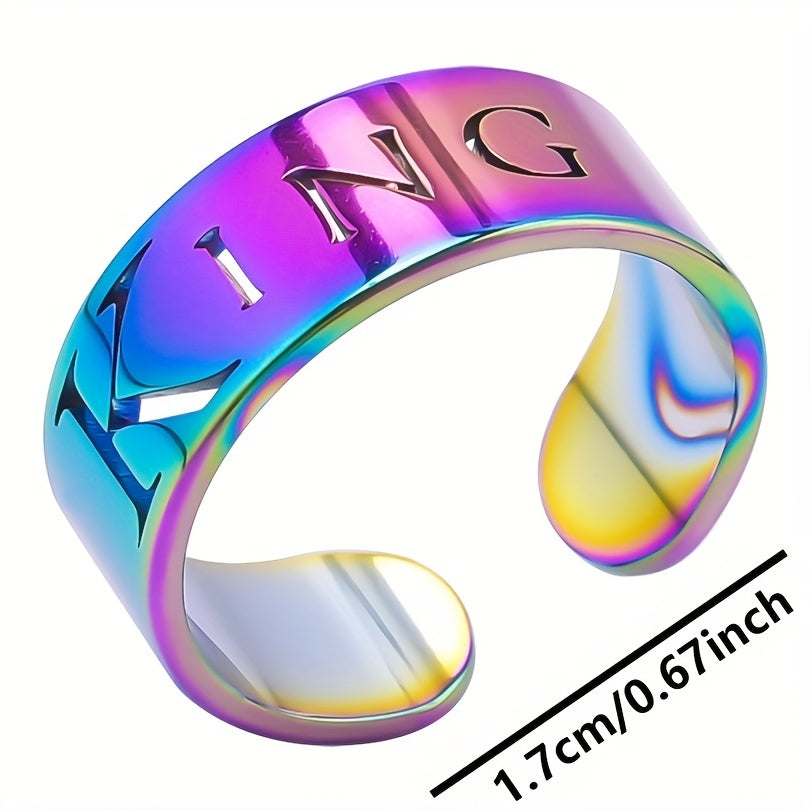 18k Plated Carved 'king' Symbol Stainless Steel Cuff Ring