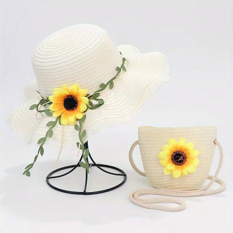 Girls Ruffled Straw Hat & Crossbody Bag Set with Sunflower Decoration