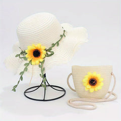 Girls Ruffled Straw Hat & Crossbody Bag Set with Sunflower Decoration