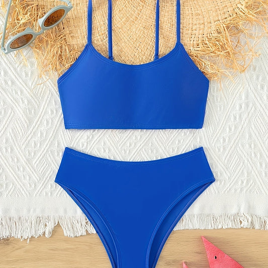 Girl's Solid Bikini Set Cami Top & Briefs Stretchy Bathing Suit