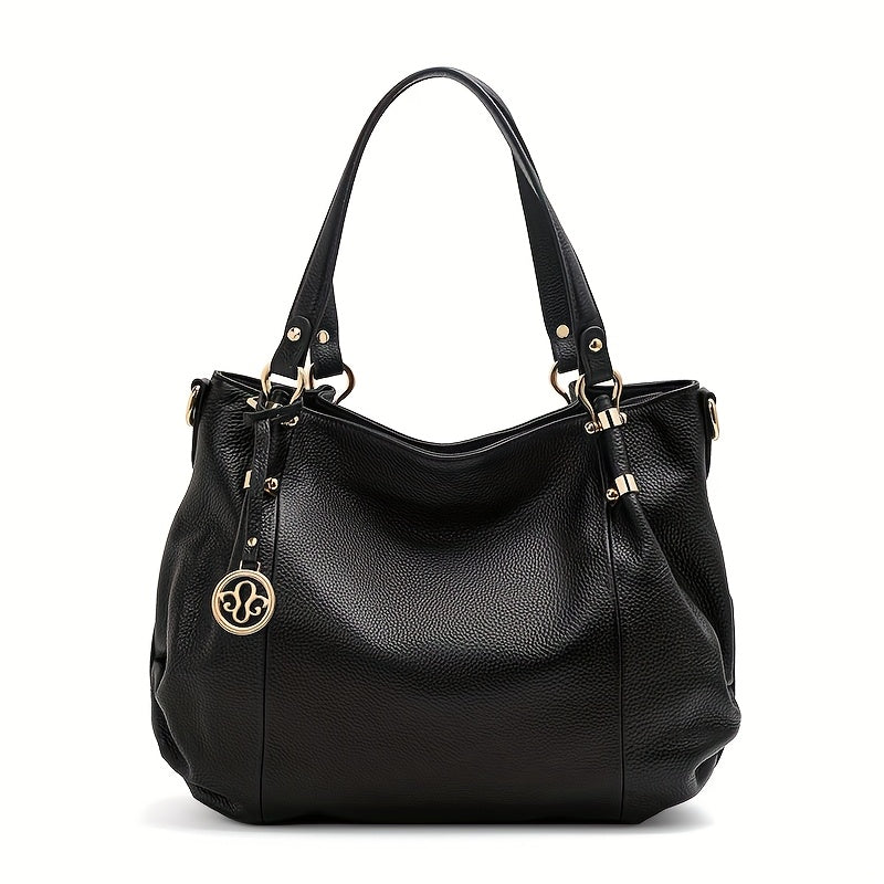 Women's Leather Handbag with Golden Hardware and Removable Strap