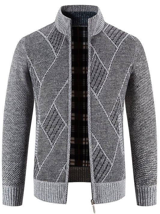 Men's Knit Zip Up Cardigan Plush Warm Stand Collar Diamond Plaid