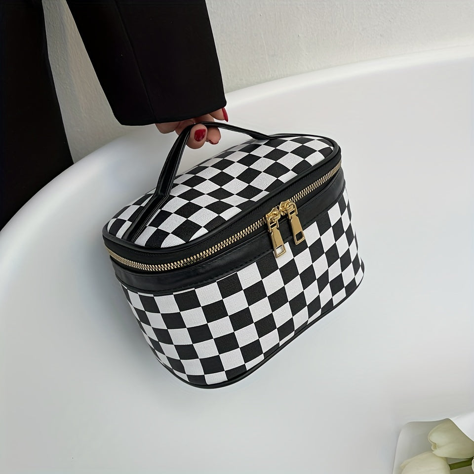 Checkered Print Cosmetic Bag Portable Travel Storage Handbags Women's Zipper Toi