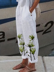  Floral Print Elastic Trousers Pockets