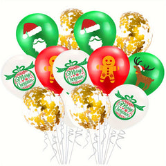 14pcs Christmas Latex Balloons Set Red Green Confetti Ribbons Party Dec
