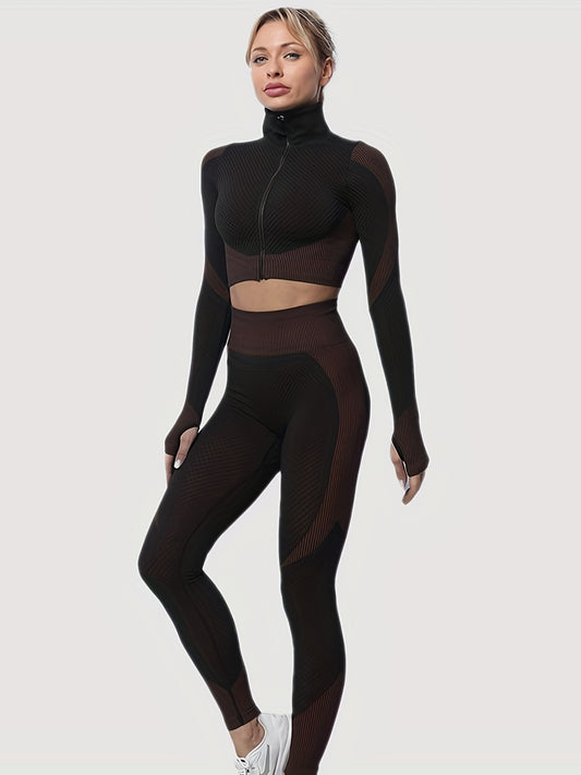 Yoga Crop Top & Leggings Set, Long Sleeve Zipper Workout, High Waist