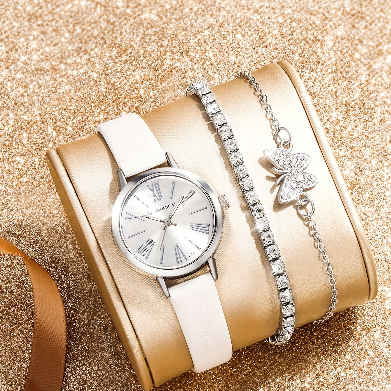 Stylish PU Leather Watch Set with Rhinestone Bracelets
