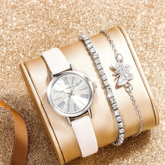 Stylish PU Leather Watch Set with Rhinestone Bracelets