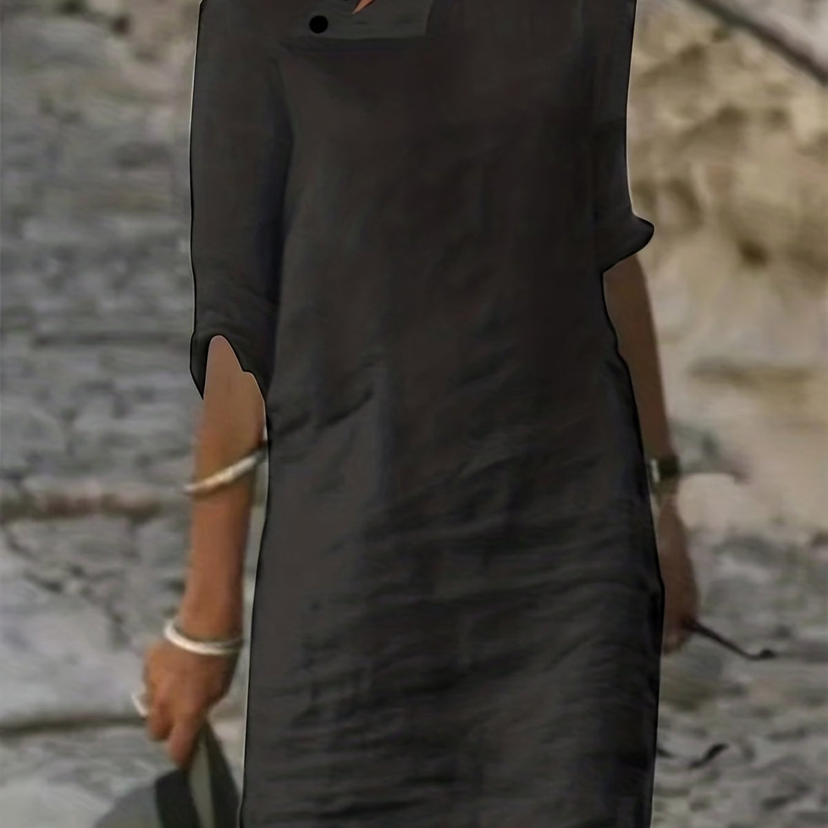  Solid Button Up Half Sleeve Dress with Stand Collar
