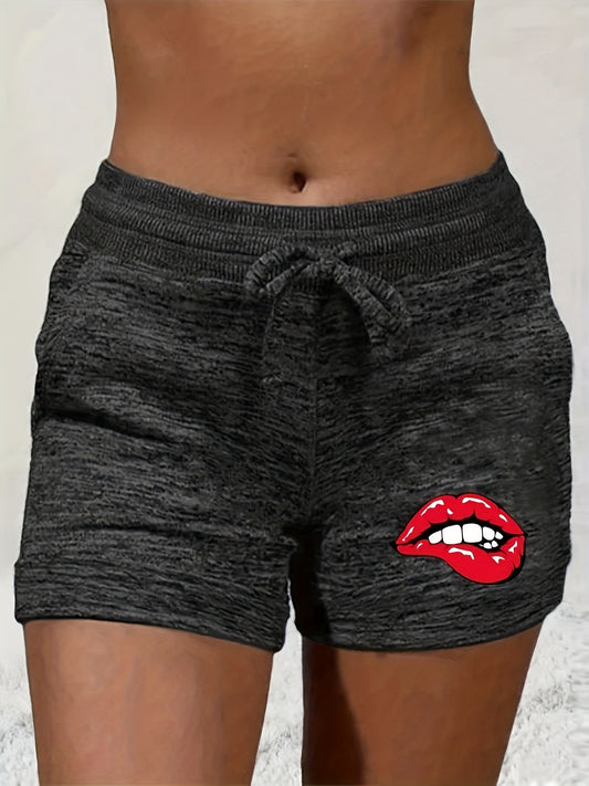 Lips Print Drawstring Shorts for Women