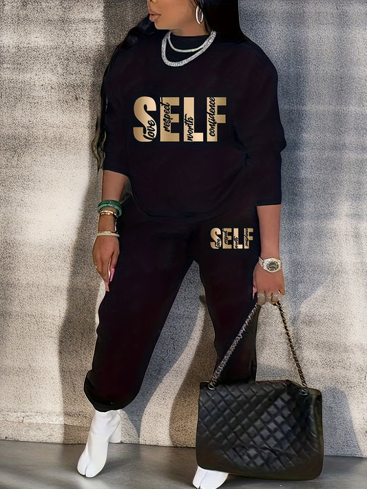  Art Letter Print Fleece Sweatshirt & Jogger Sweatpants Set