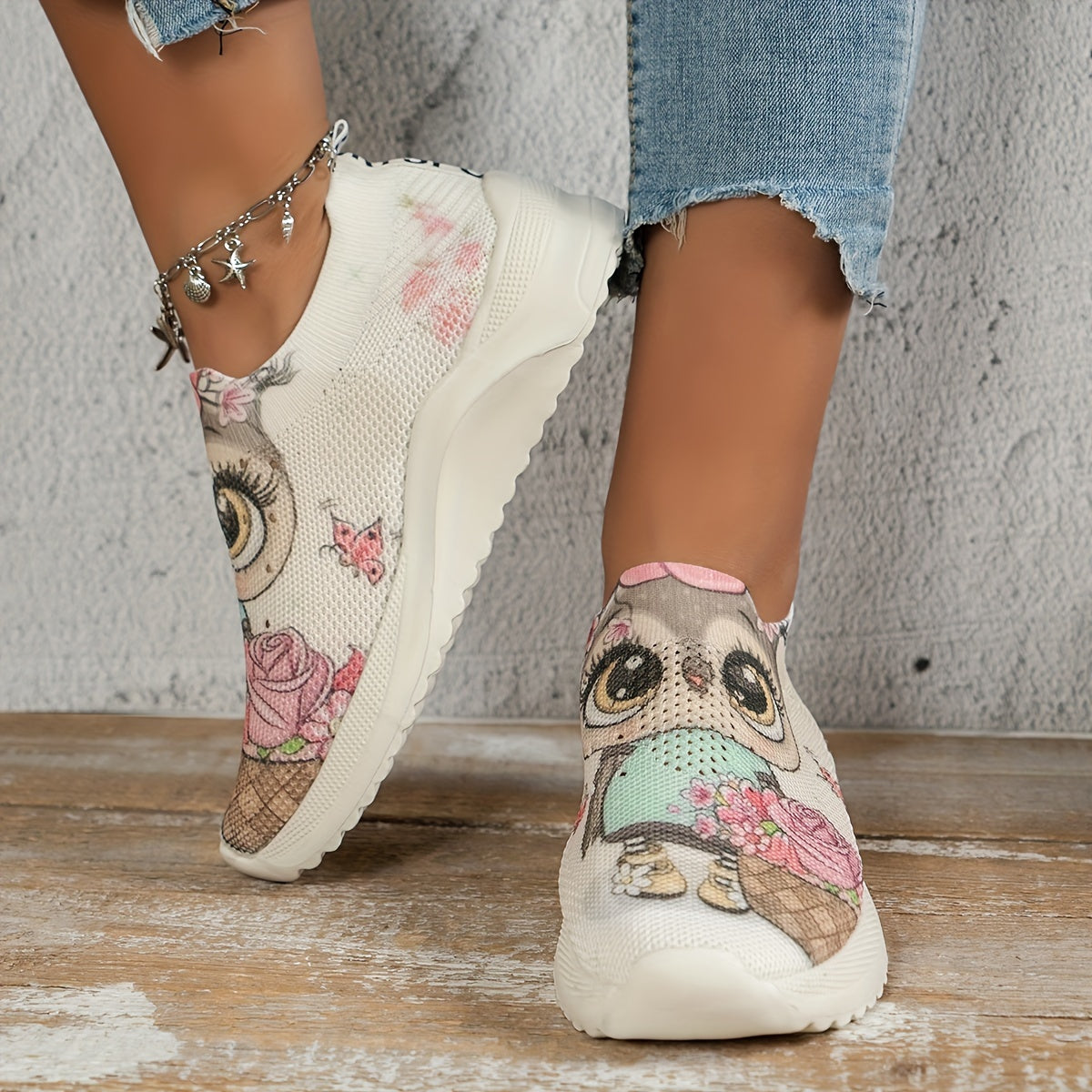 Owl Print Soft Comfort Running Shoes Shock Absorption Non Slip Sneakers