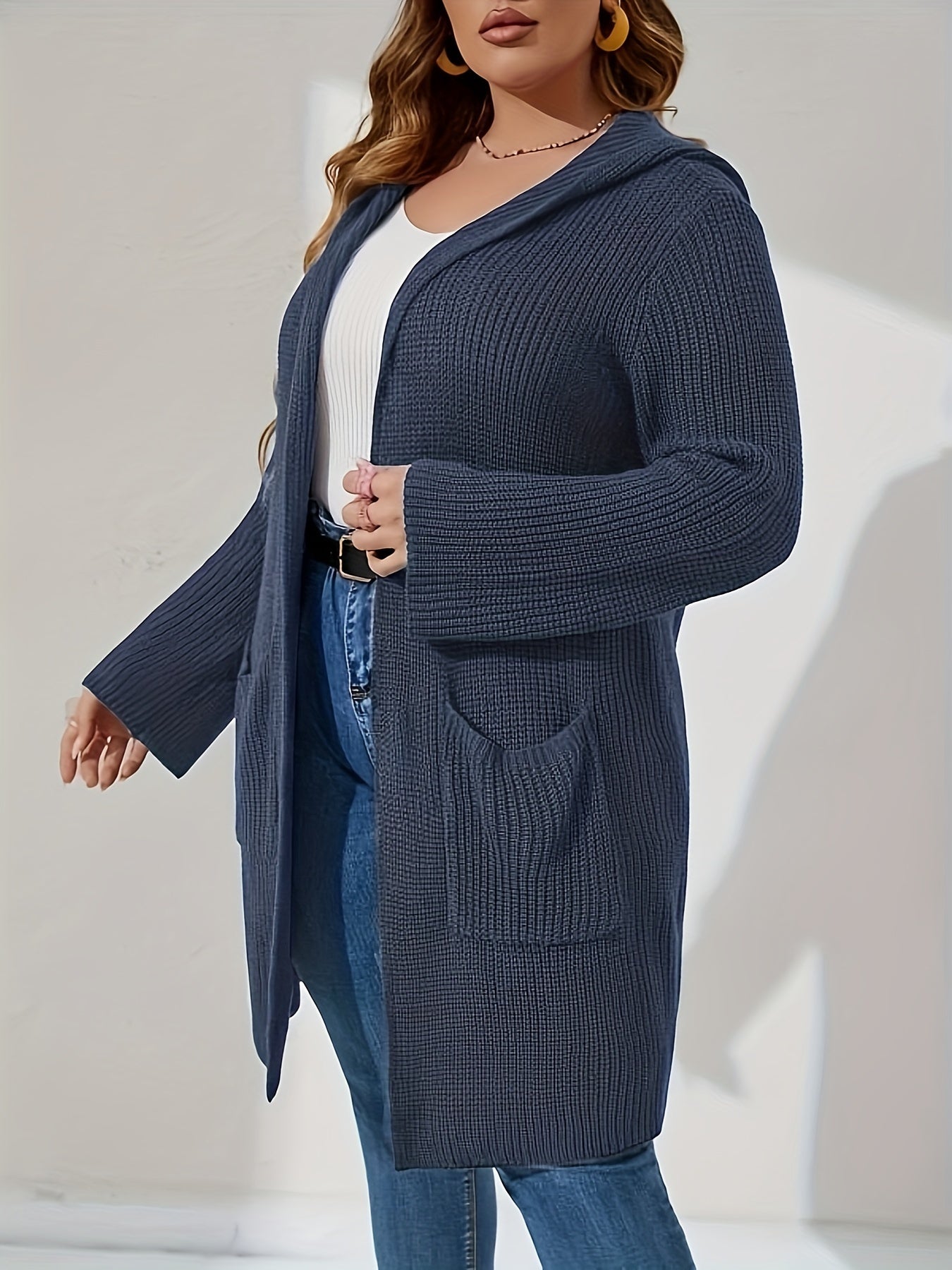  Solid Long Sleeve Hooded Cardigan With Pockets