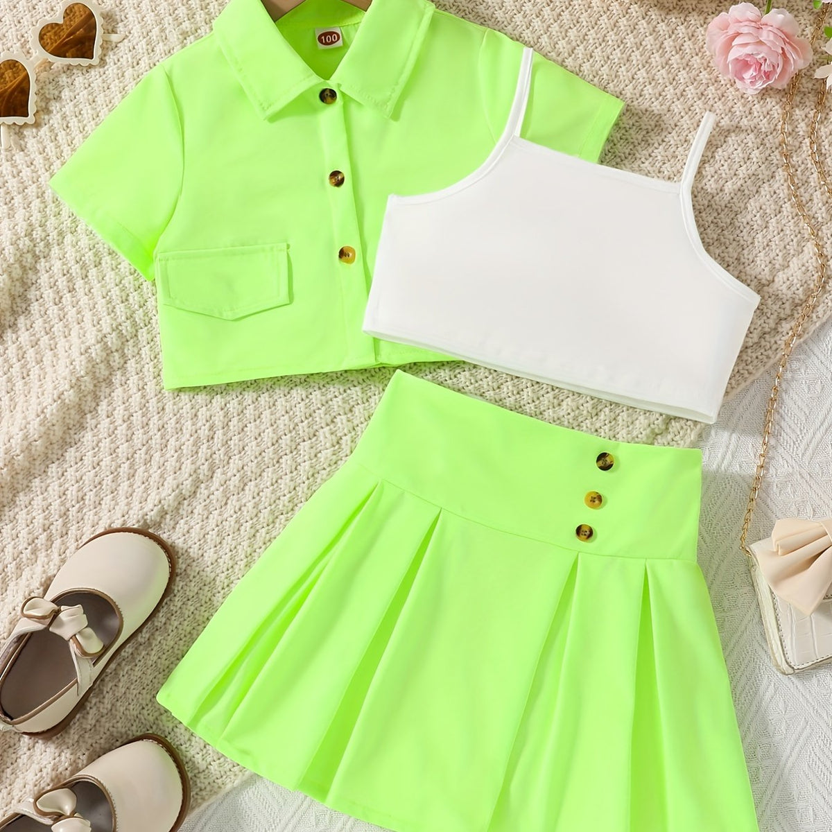 3pcs Girls Button Shirt & Pleated Skirt & Cami Crop Top Set