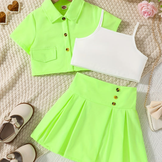 3pcs Girls Button Shirt & Pleated Skirt & Cami Crop Top Set