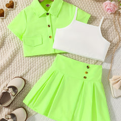 3pcs Girls Button Shirt & Pleated Skirt & Cami Crop Top Set