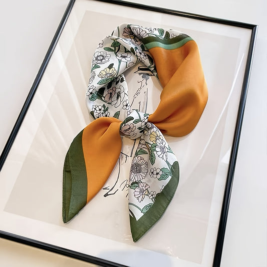 Floral Print Square Scarf Block Satin Neckerchief Casual Bandana