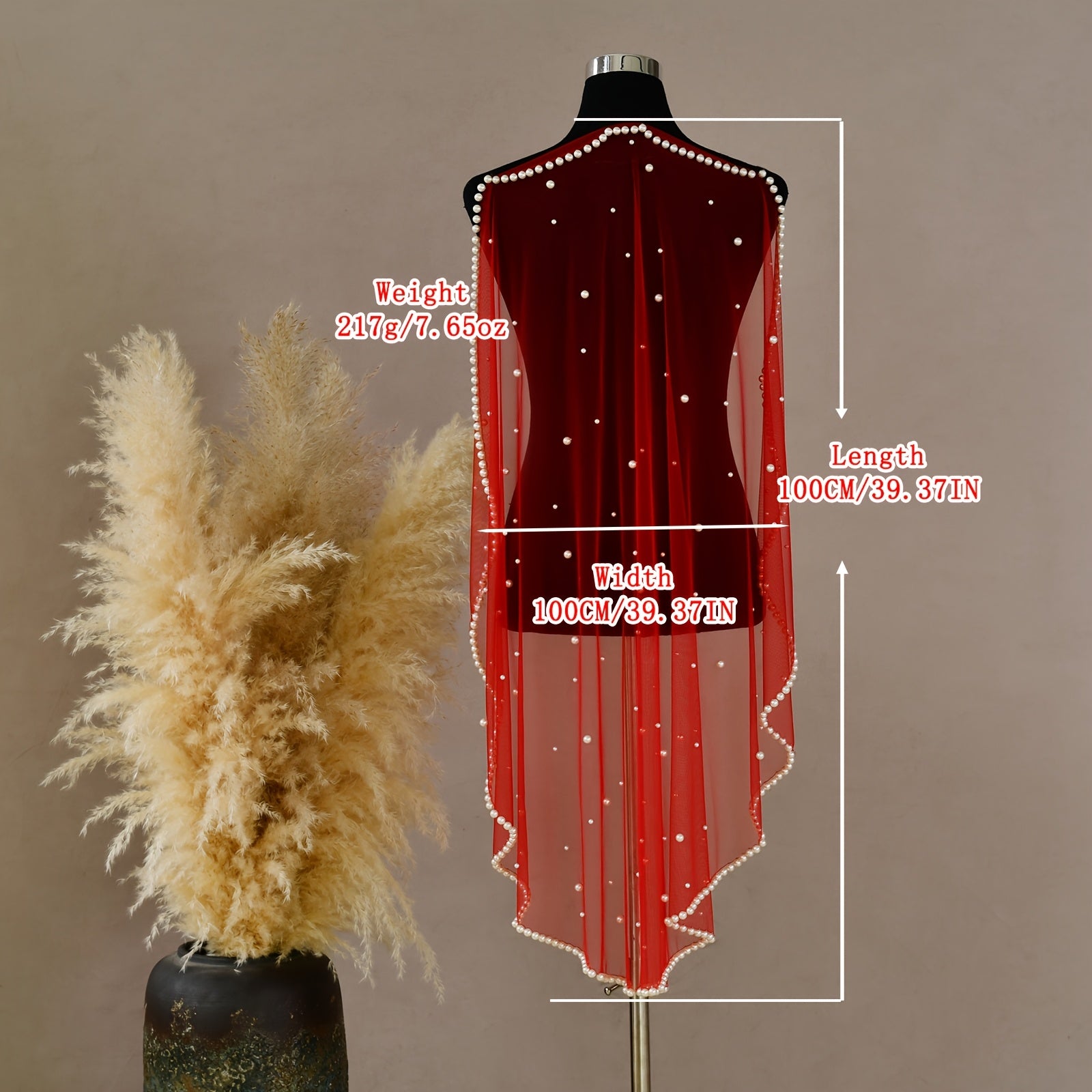 Faux Bridal Veil Red/Golden Wine Soft Nylon Tulle Beaded Edge Hand Wash