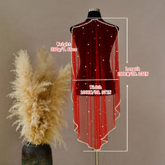 Faux Bridal Veil Red/Golden Wine Soft Nylon Tulle Beaded Edge Hand Wash